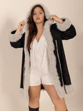 Plus Size Fuzzy Trim Open Front Long Sleeve Hooded Coat - Hovatok