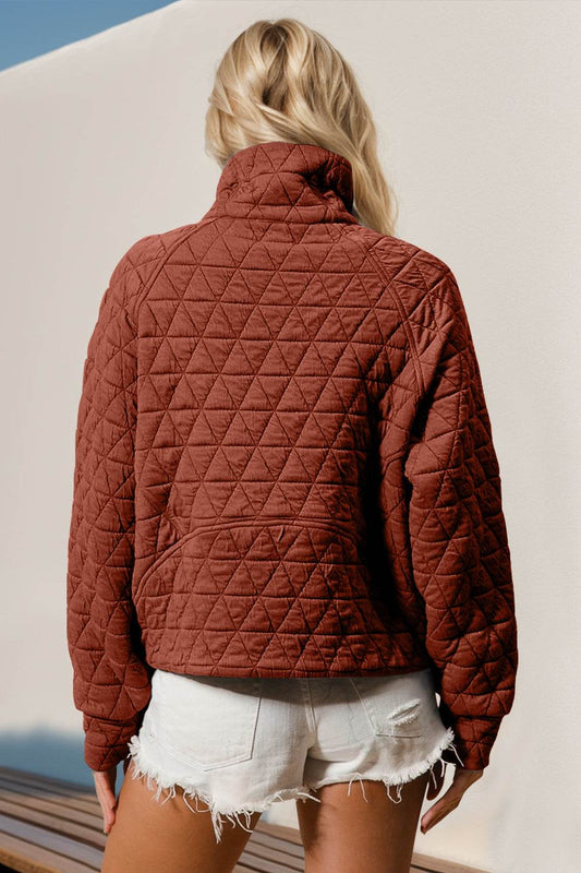 Double Take Half Zip Long Sleeve Quilted Sweatshirt with Pocket - Hovatok