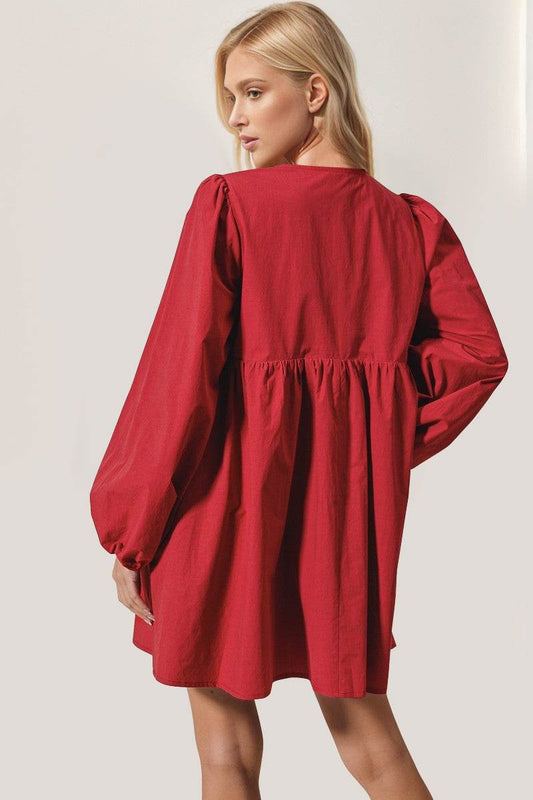 Double Take Christmas Front Tied Long Sleeve Mini Dress - Hovatok
