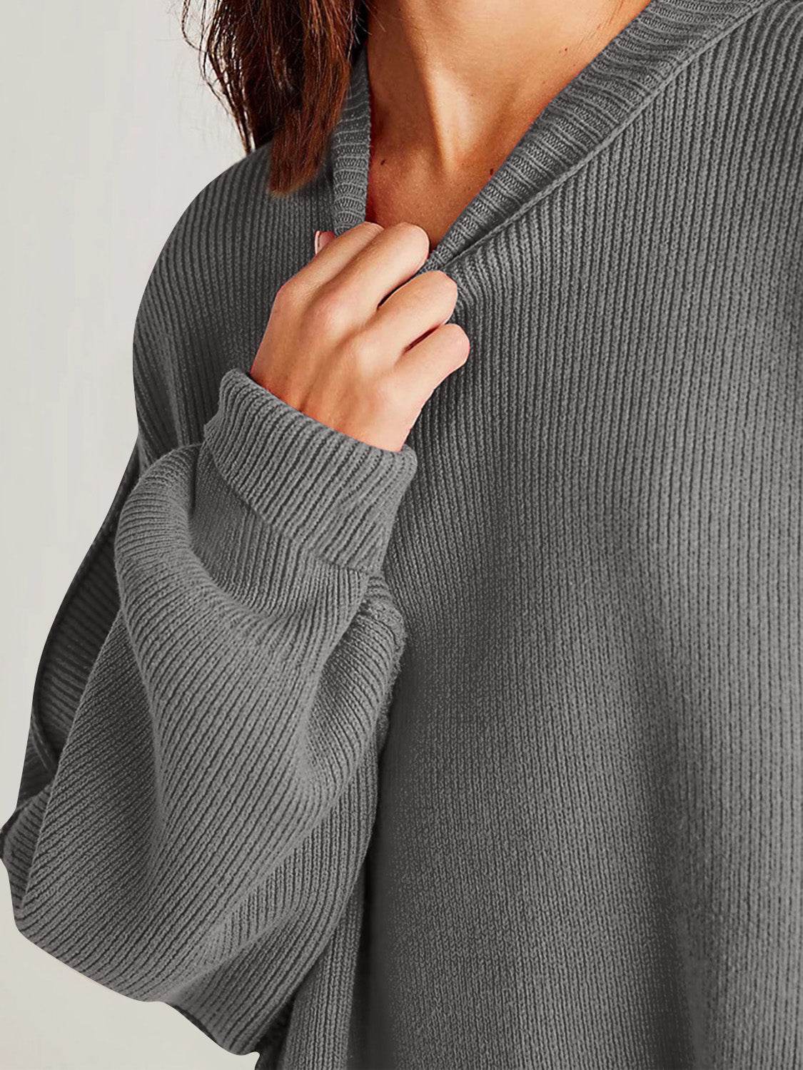 Double Take Side Slit Round Neck Long Sleeve Sweater - Hovatok
