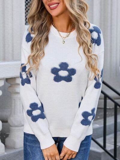 Angel Wings Flower Round Neck Long Sleeve Sweater - Hovatok