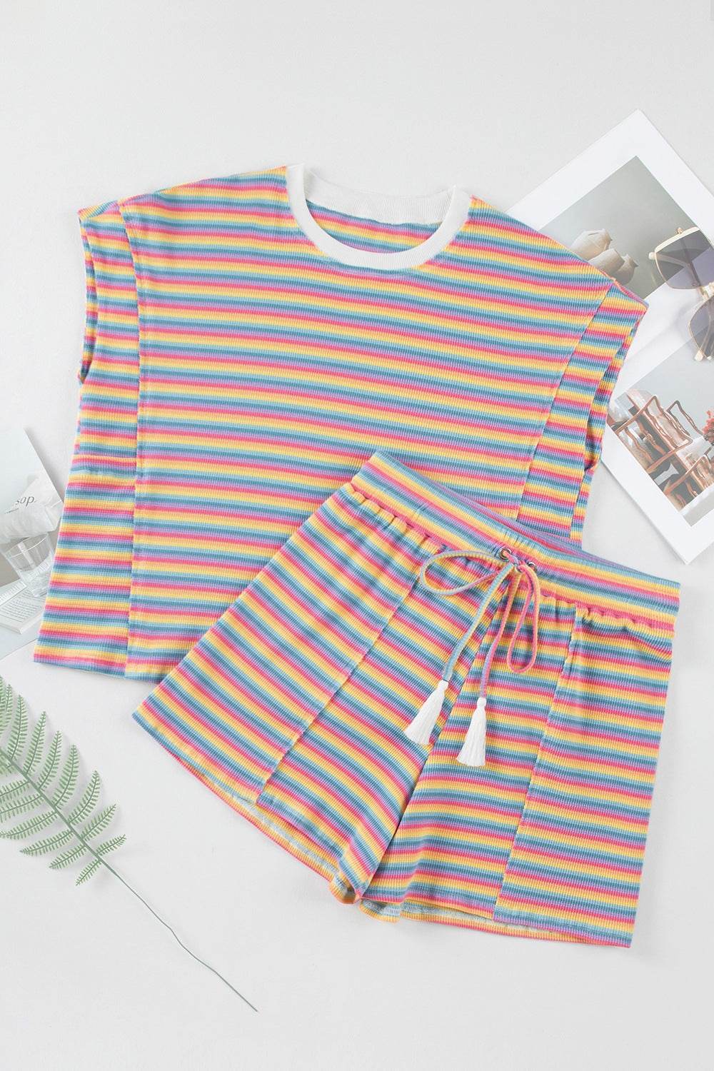 Striped Round Neck Top and Shorts Set - Hovatok