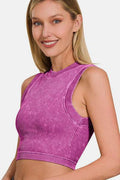 Zenana Washed Ribbed Seamless Crop Tank with Bra Pad - Hovatok