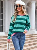 Angel Wings Striped Round Neck Dropped Shoulder Sweater - Hovatok