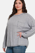 Zenana Full Size Contrast Stitching Brushed Ribbed Hacci Knit Top - Hovatok