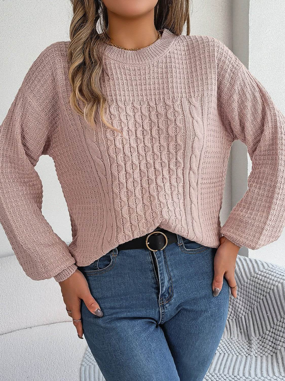 Cable-Knit Round Neck Long Sleeve Sweater - Hovatok