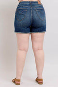 Judy Blue Tummy Control Fray Hem & Shield Back Pockets Denim Shorts - Hovatok