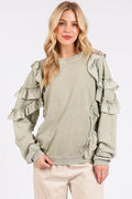 Mittoshop Ruffled Mineral Washed Round Neck Long Sleeve Sweatshirt - Hovatok