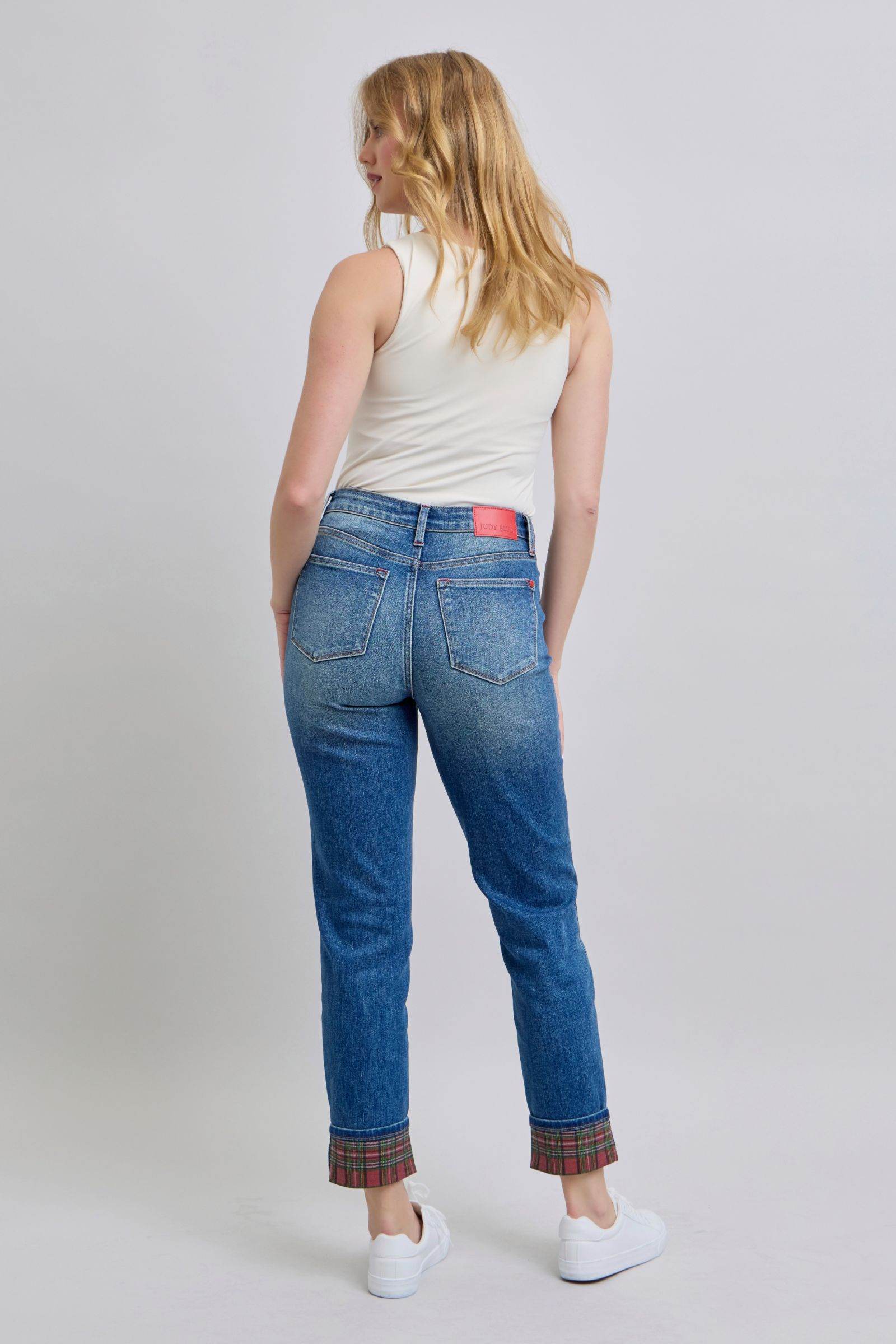 Judy Blue Full Size Plaid Print Cuff Straight Leg Jeans with Pockets - Hovatok