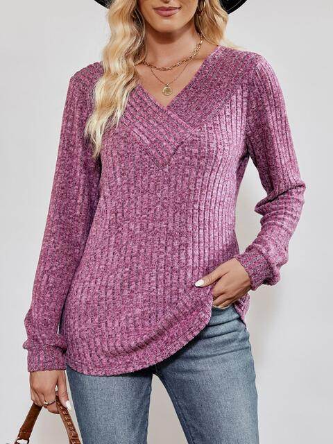 V-Neck Ribbed Long Sleeve Top - Hovatok