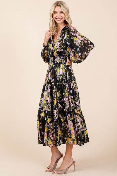 Mittoshop Flower Print Satin Lurex Stripe Smocked Midi Dress - Hovatok