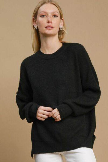 Umgee Full Size Side Slit Wool Blend Round Neck Sweater Plus Size - Hovatok