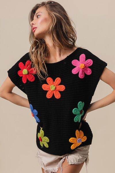 BiBi Flower Round Neck Cap Sleeve Knit Top - Hovatok