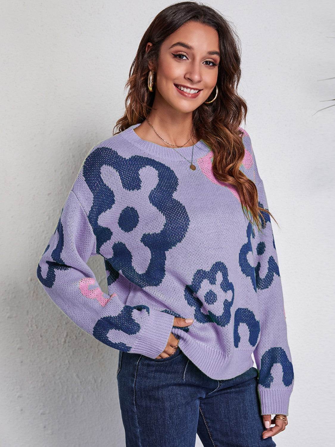 Flower Pattern Round Neck Long Sleeve Sweater - Hovatok