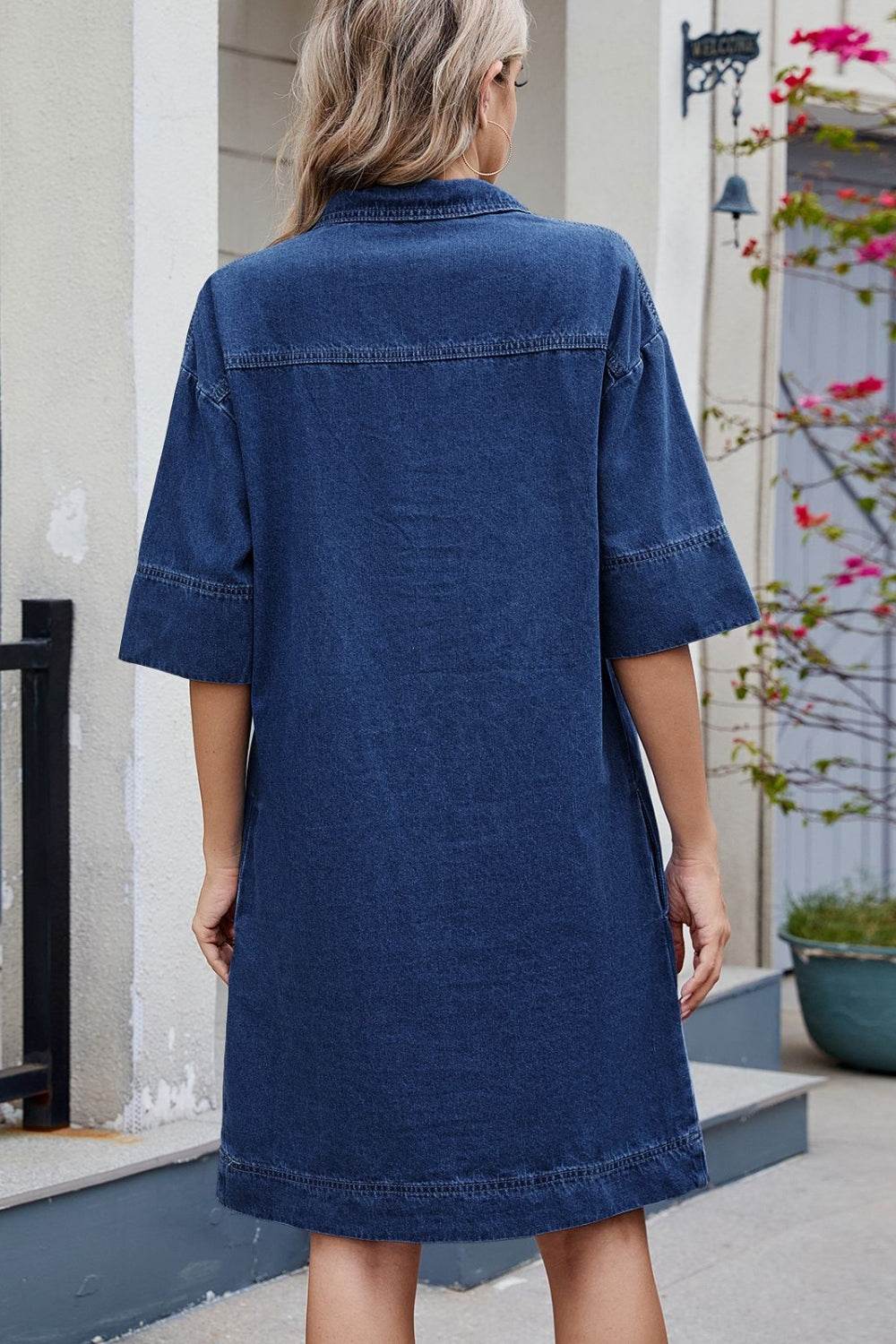 Johnny Collar Half Sleeve Denim Dress - Hovatok