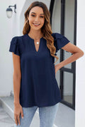 Ruffled Notched Short Sleeve Blouse - Hovatok
