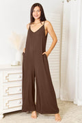Double Take Full Size Soft Rayon Spaghetti Strap Tied Wide Leg Jumpsuit - Hovatok