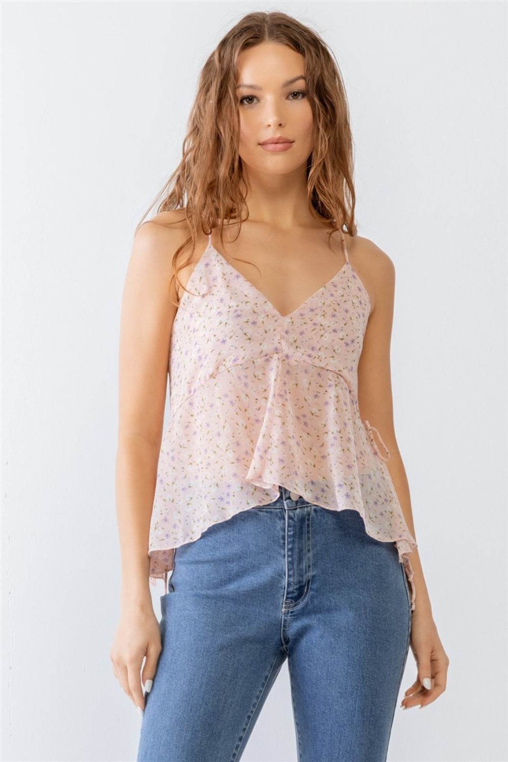Miss Love / Kevin Co. Floral Print V-Neck Criss-Cross Back Flare Cami - Hovatok