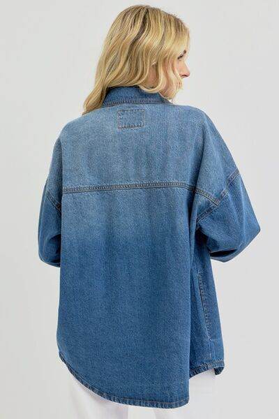 RISEN Full Size Snap Down Long Sleeve Denim Shacket - Hovatok