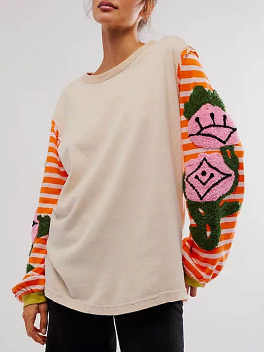 Striped Round Neck Long Sleeve Sweatshirt - Hovatok