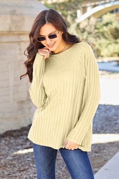 Basic Bae Full Size Ribbed Round Neck Long Sleeve Knit Top - Hovatok