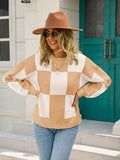 Angel Wings Checkered Round Neck Dropped Shoulder Sweater - Hovatok