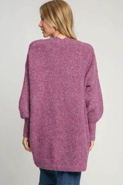 Umgee Full Size Wool Blend Open Front Lantern Sleeve Cardigan Plus Size - Hovatok