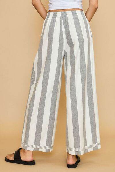Umgee Peace Sign Patch Striped Wide Leg Pants - Hovatok