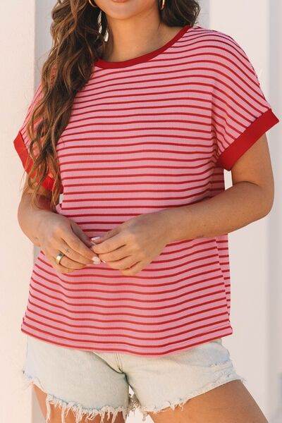 Contrast Striped Round Neck Short Sleeve T-Shirt - Hovatok