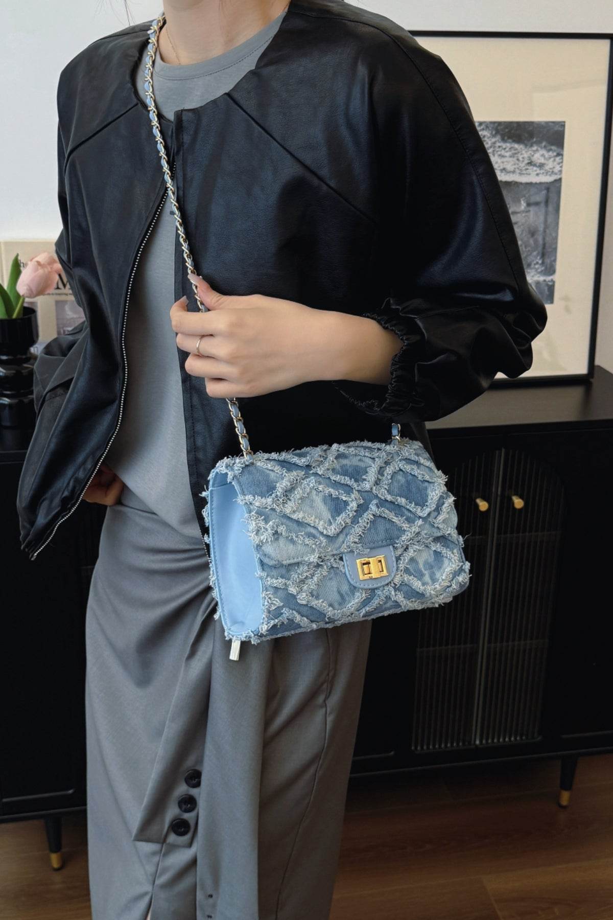 Raw Hem Denim Crossbody Bag - Hovatok