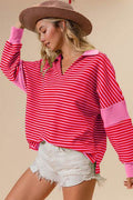 BiBi Striped Contrast Long Sleeve Knit Top - Hovatok