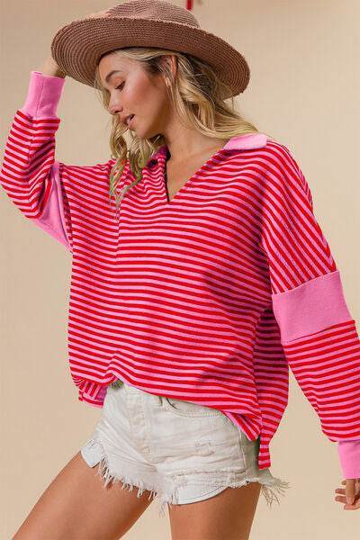 BiBi Striped Contrast Long Sleeve Knit Top - Hovatok