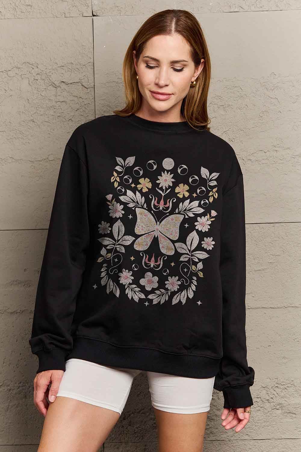 Simply Love Simply Love Full Size Flower and Butterfly Graphic Sweatshirt - Hovatok
