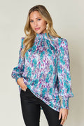 Double Take Full Size Printed Smocked Long Sleeve Blouse - Hovatok