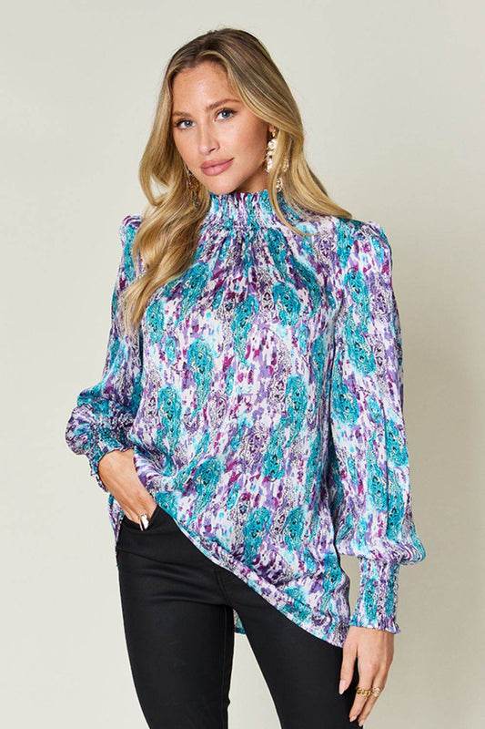 Double Take Full Size Printed Smocked Long Sleeve Blouse - Hovatok