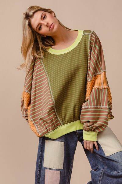 BiBi Color Block Striped Round Neck Sweatshirt - Hovatok