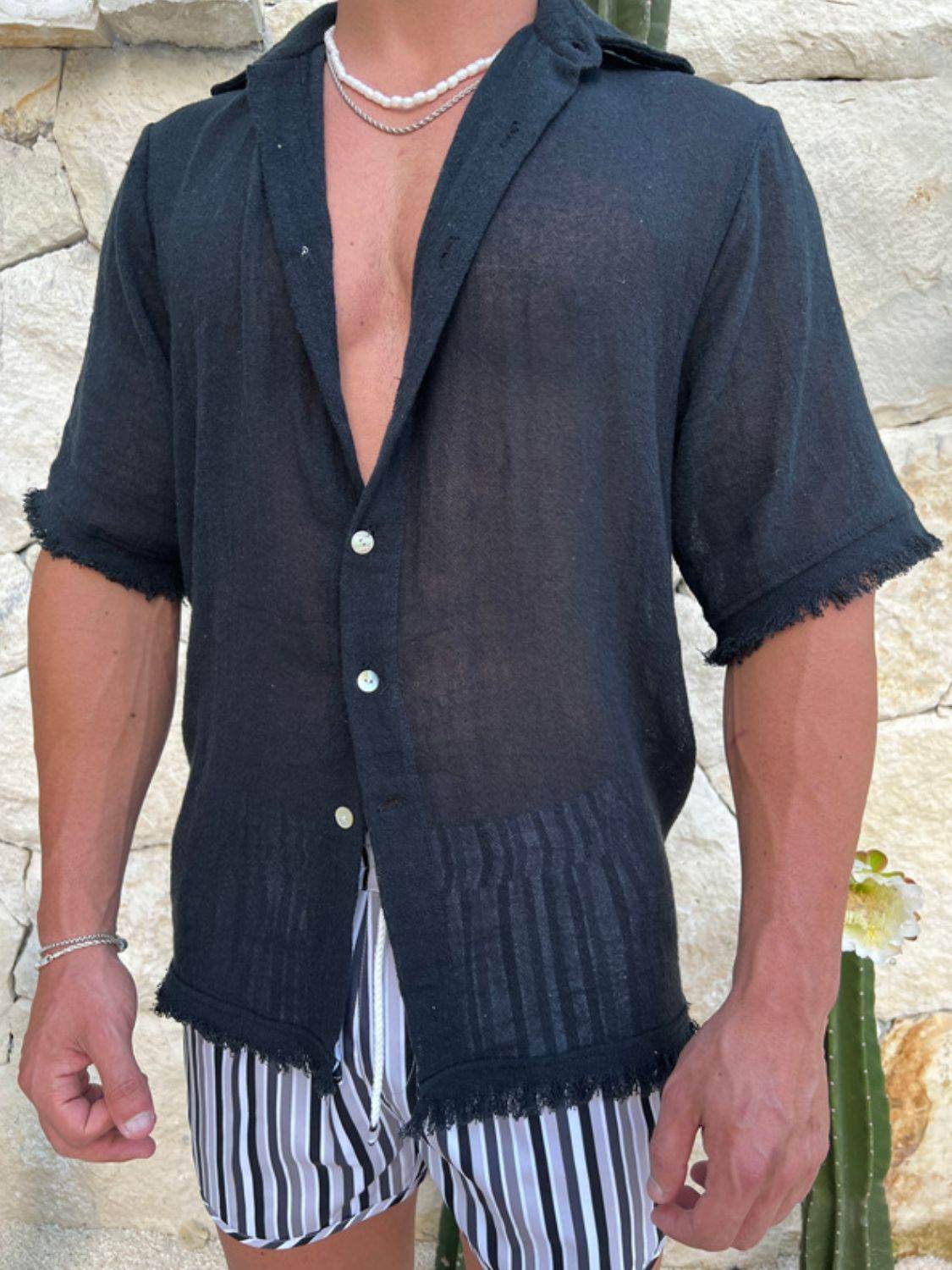 Men's Plus Size Raw Hem Button Down Collared Neck Shirt - Hovatok
