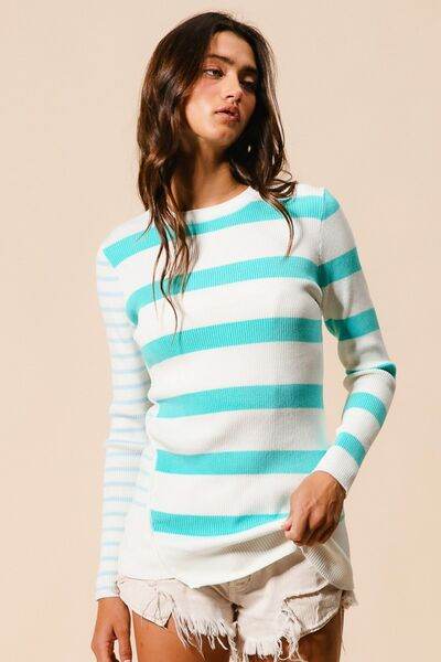 BiBi Contrast Striped Asymmetrical Hem Knit Top - Hovatok