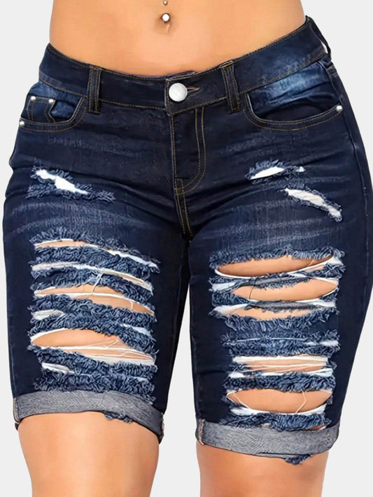 Distressed Denim Shorts with Pockets - Hovatok