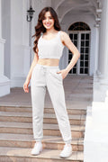 Waffle-Knit Cropped Tank and Drawstring Pants Set - Hovatok