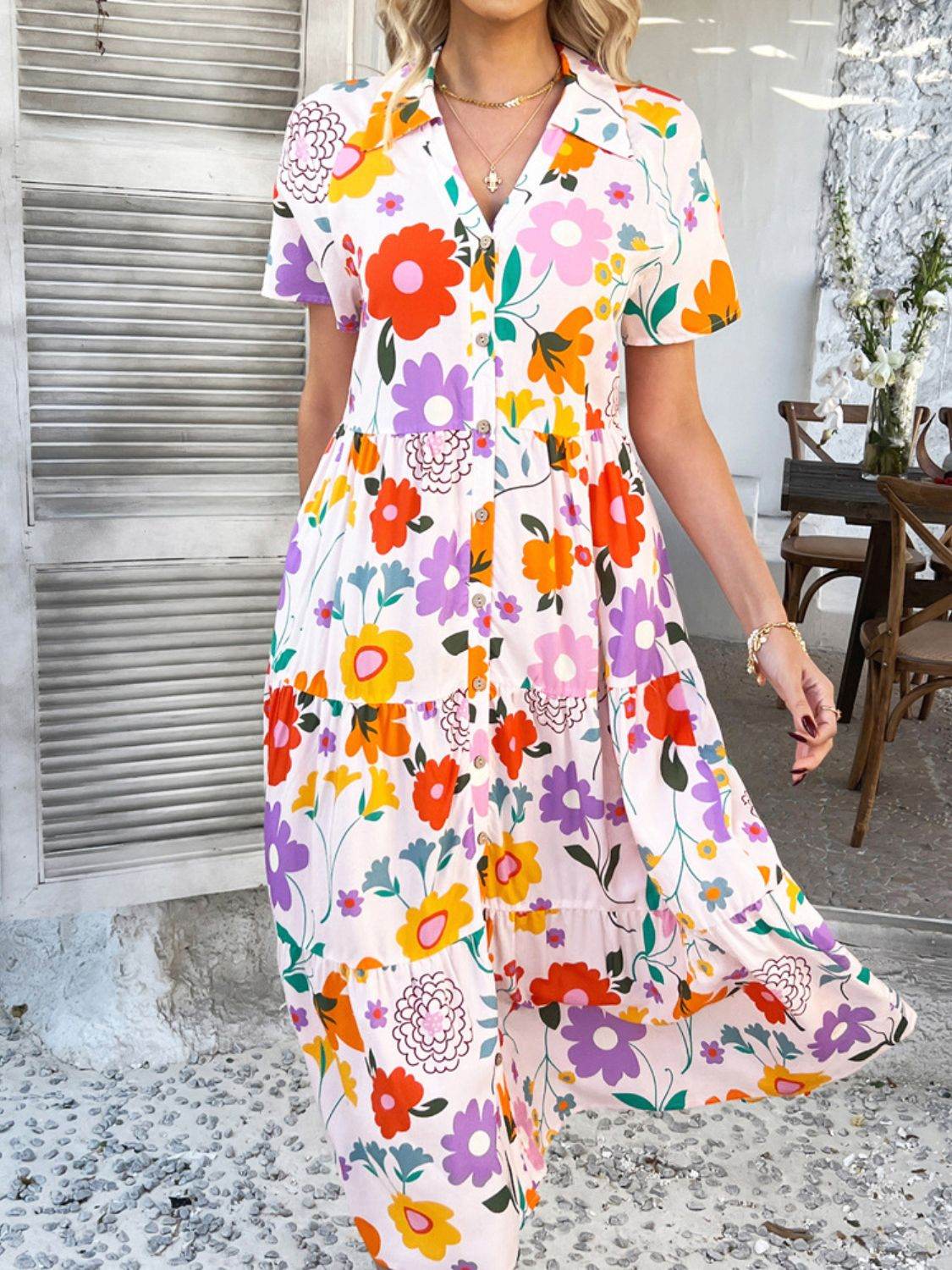 Devine Printed Johnny Collar Button Down Short Sleeve Midi Shirt Dress - Hovatok