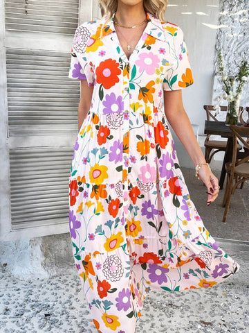 Devine Printed Johnny Collar Button Down Short Sleeve Midi Shirt Dress - Hovatok