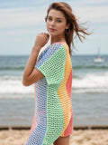 Openwork Color Block V-Neck Short Sleeve Cover-Up - Hovatok