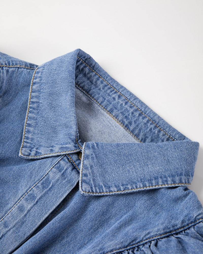 Ruffled Collared Neck Long Sleeve Denim Top - Hovatok
