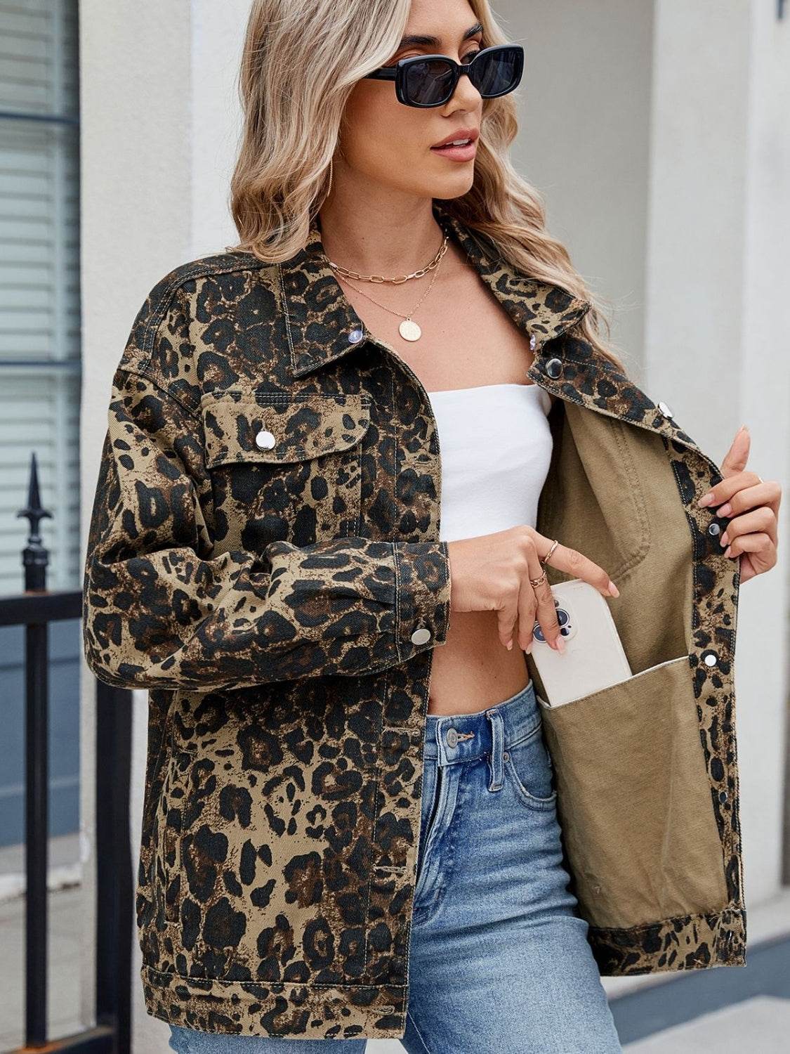 Pocketed Leopard Long Sleeve Denim Jacket - Hovatok