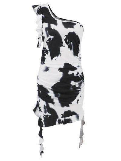 Ruffled Tie-Dye Single Shoulder Mini Dress - Hovatok