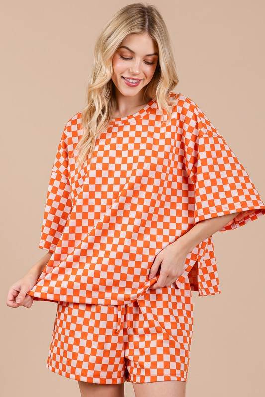 Ces Femme Checkered Round Neck Top and Shorts Set - Hovatok