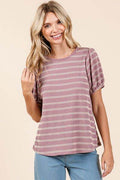 Mittoshop Contrast Striped Short Puff Sleeve Knit Top - Hovatok