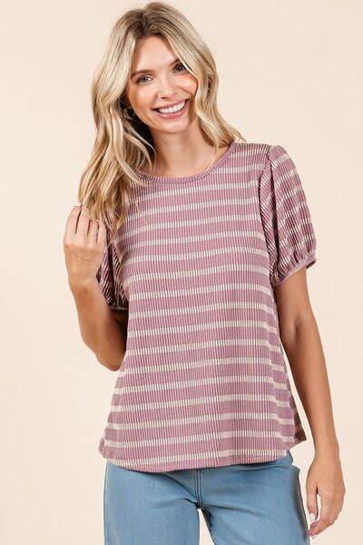 Mittoshop Contrast Striped Short Puff Sleeve Knit Top - Hovatok