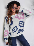Flower Pattern Round Neck Long Sleeve Sweater - Hovatok